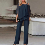 Sablelle Navy Cold Shoulder Ruffled Tiered Top and Pants Two Piece Set