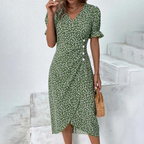 Sablelle Short Sleeve Green Floral Print Button Front Midi Dress