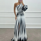 Sablelle Classy One Shoulder Striped Print Maxi Dress
