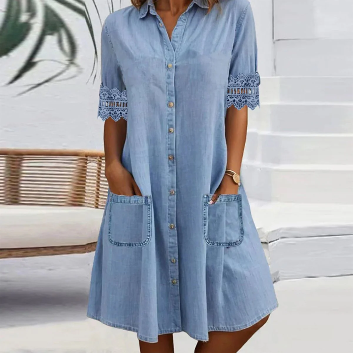 Sablelle Blue Plain Collared Lace Trim Denim Mini Dress