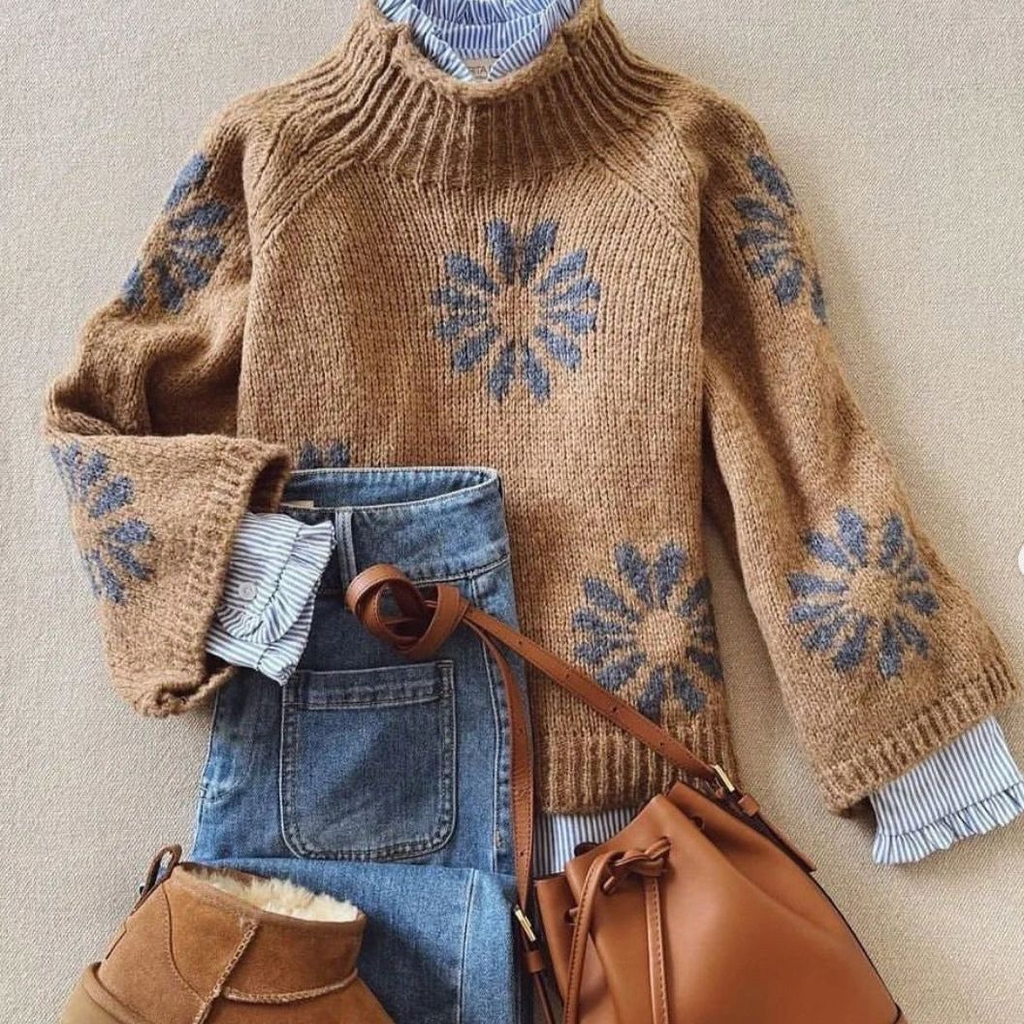 Sablelle Retro Brown Mock Neck Long Sleeve Sweater