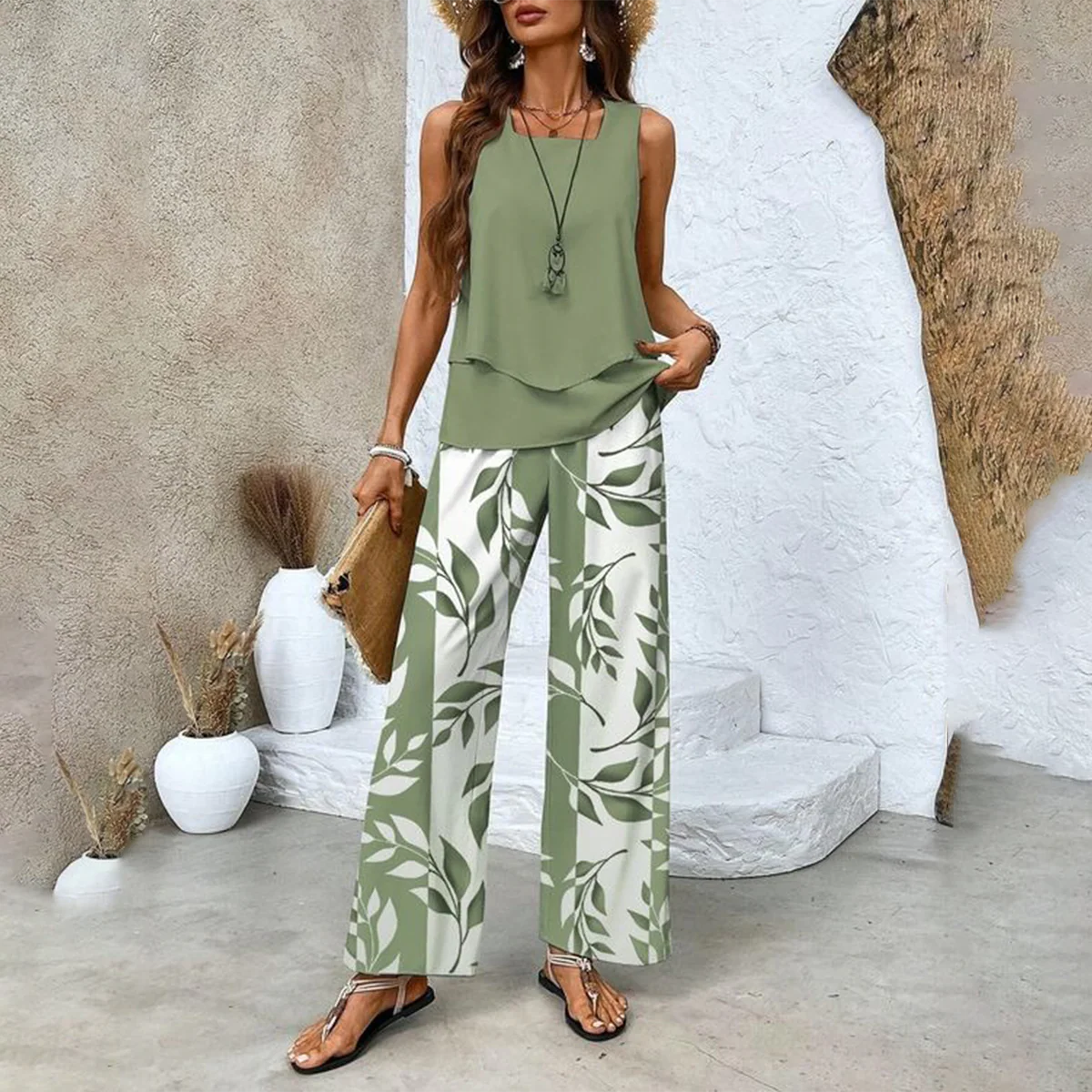 Sablelle Green Plant Print Square Neck Two Piece Set