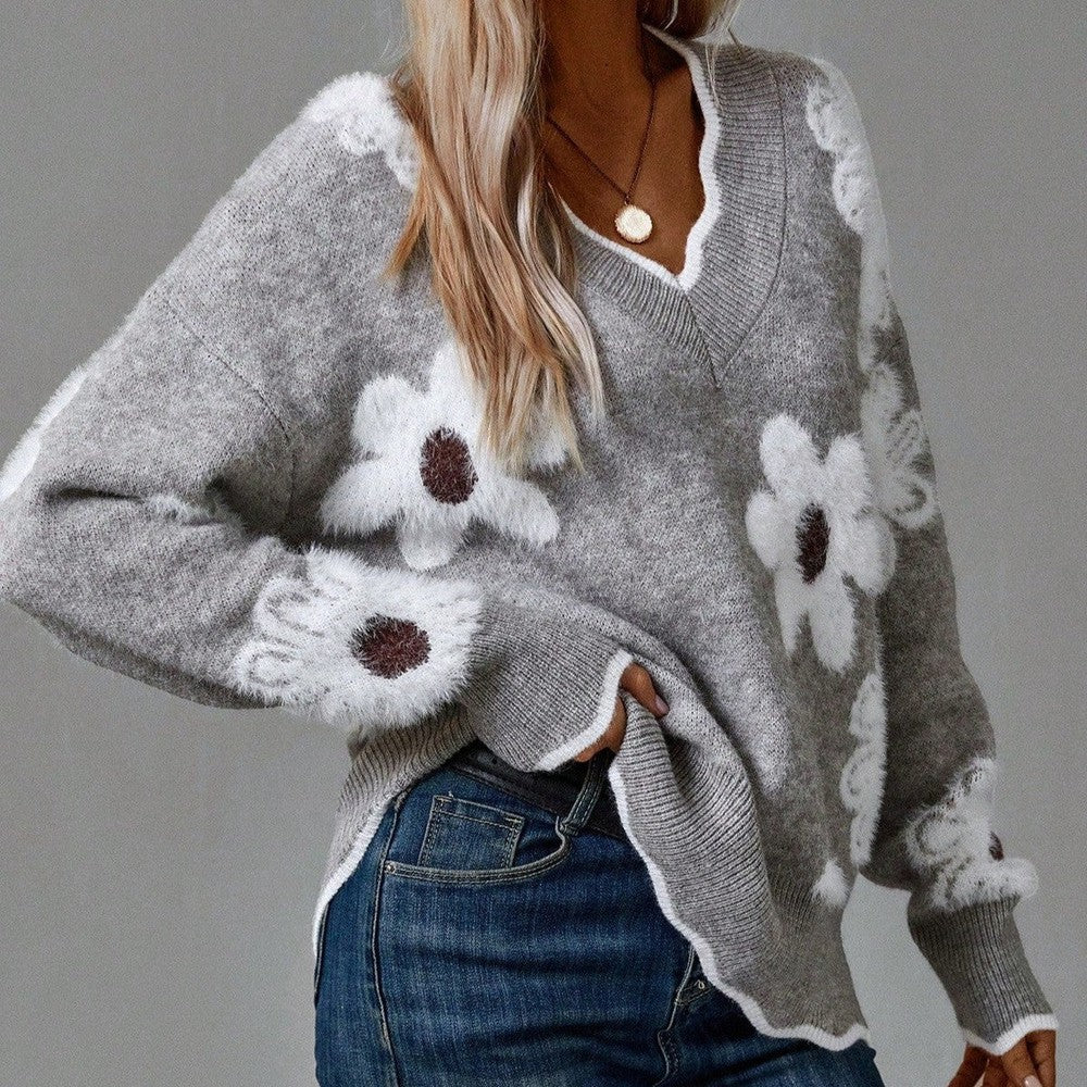 Sablelle Grey V-Neck Floral Print Sweater