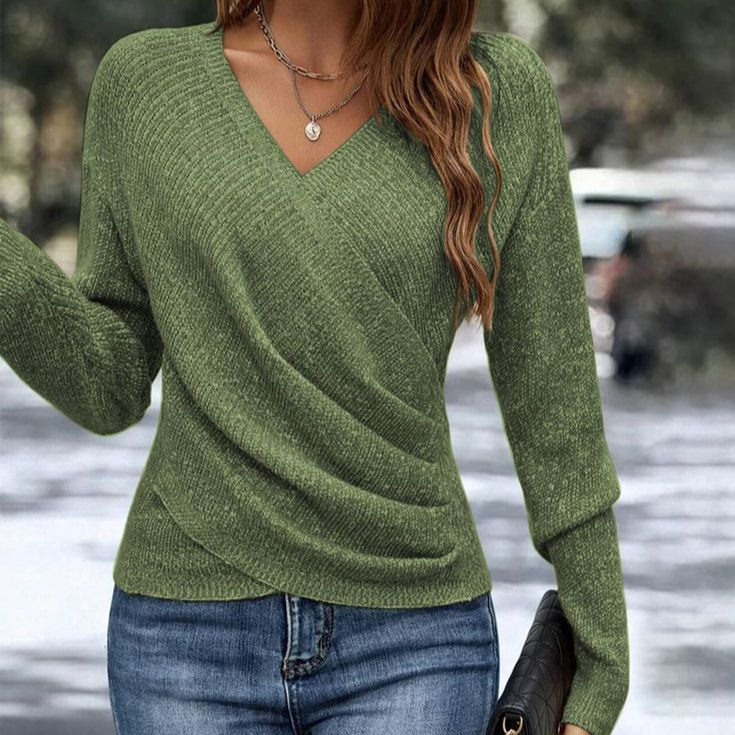 Sablelle Green Plain V-Neck Long Sleeve Sweater