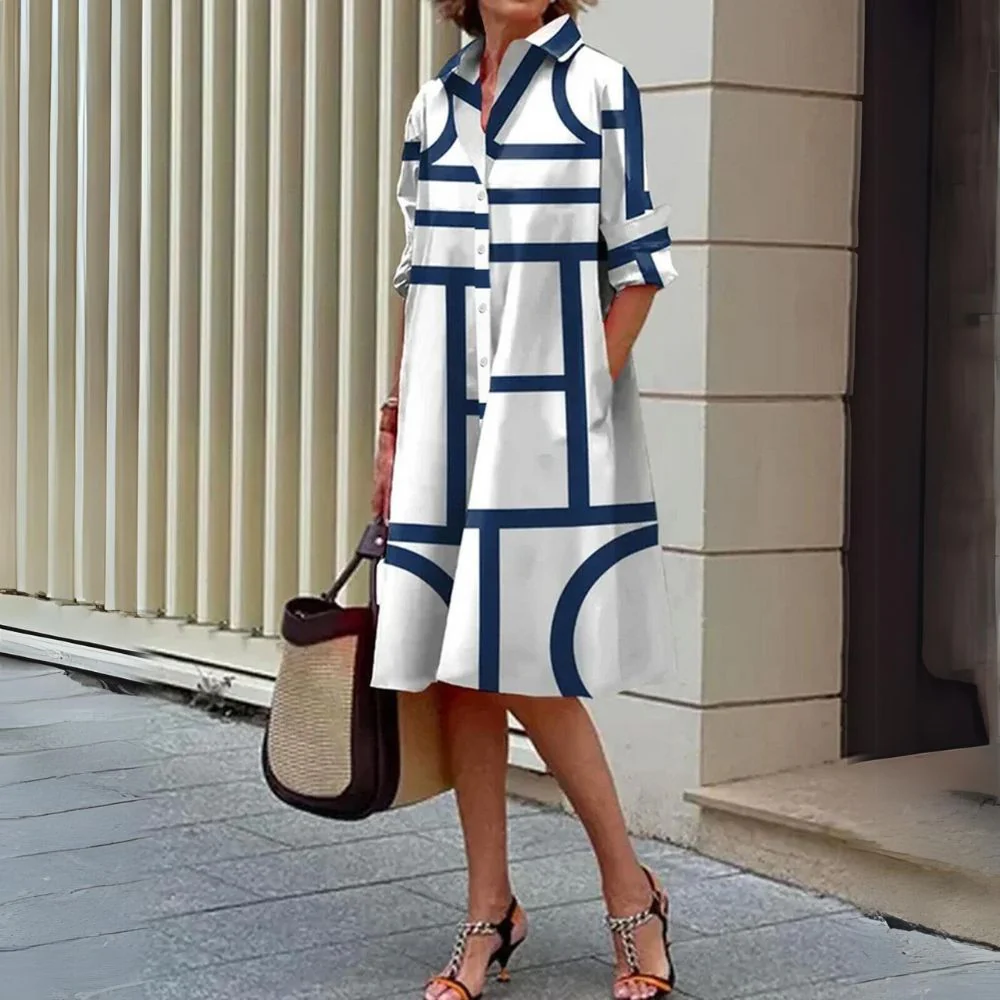Sablelle Trendy Striped Print Collared Midi Dress