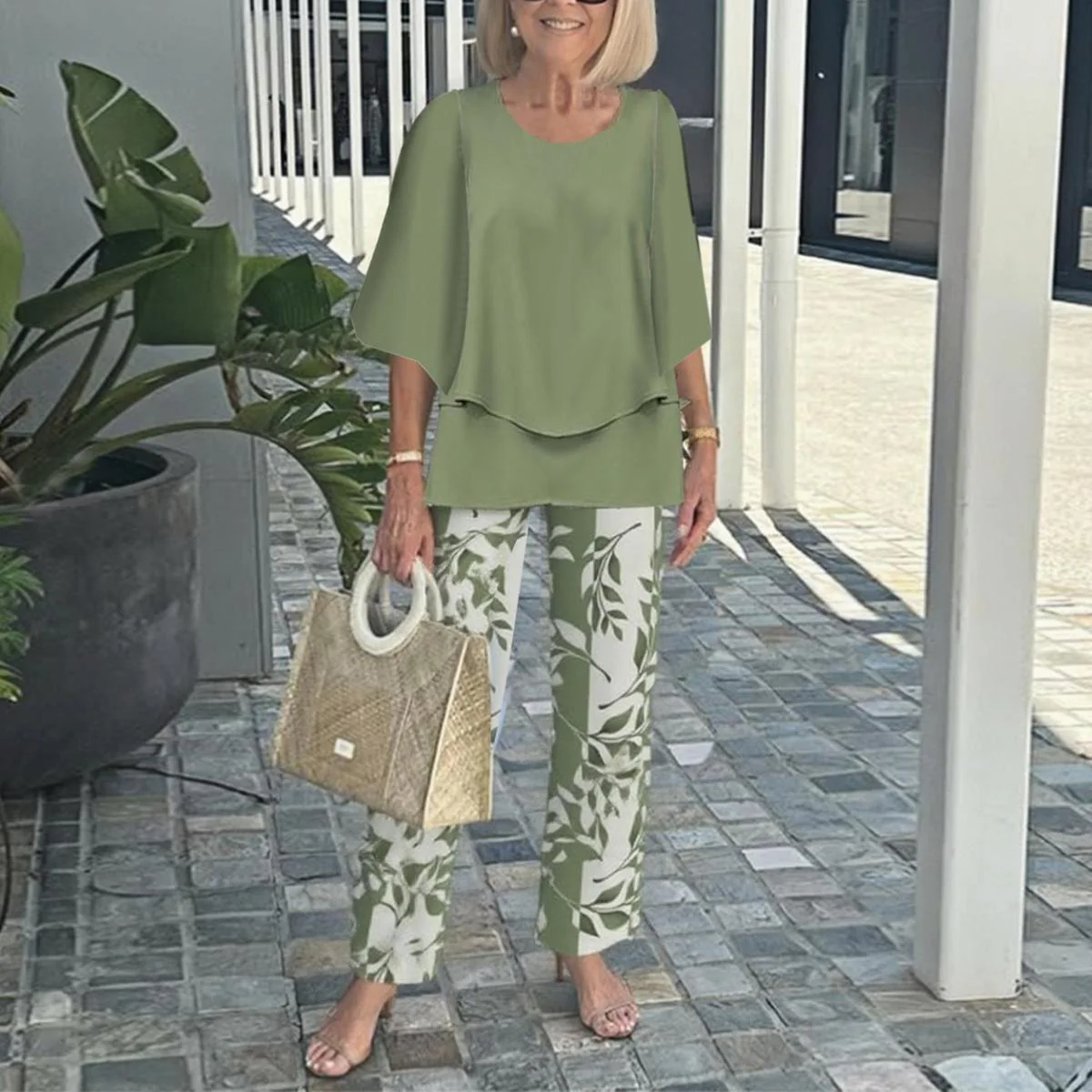 Sablelle Trendy Green Print 3/4 Sleeve Two Piece Set