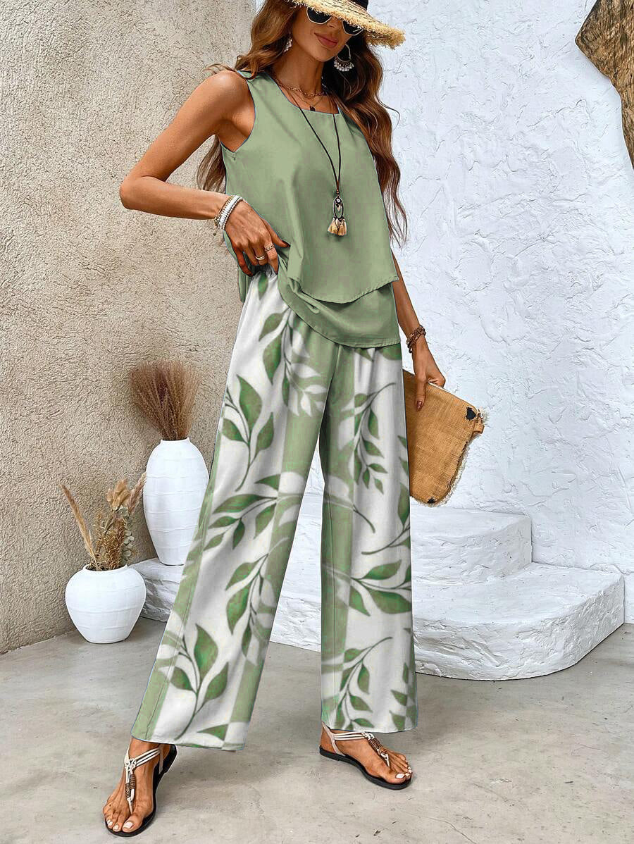 Sablelle Green Plant Print Square Neck Two Piece Set