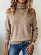 Sablelle Brown Plain Off The Shoulder Turtleneck Knit Sweater