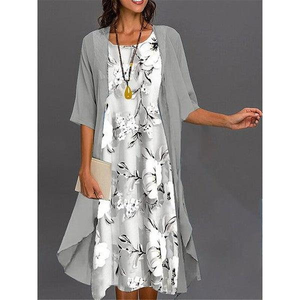 Sablelle Grey Print Midi Dress With Thin Jacket Two Piece Outfits