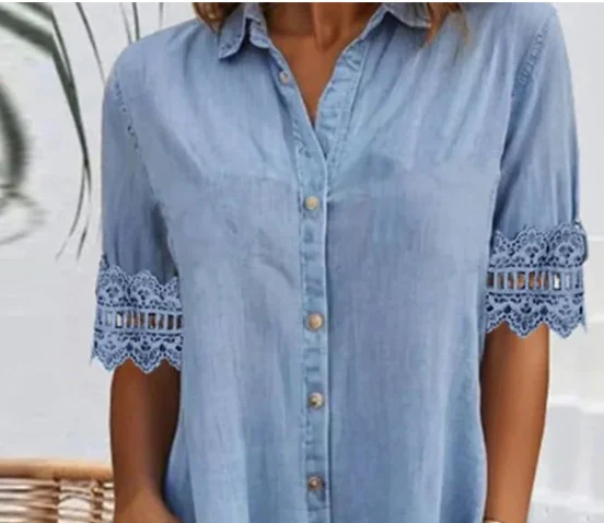 Sablelle Blue Plain Collared Lace Trim Denim Mini Dress