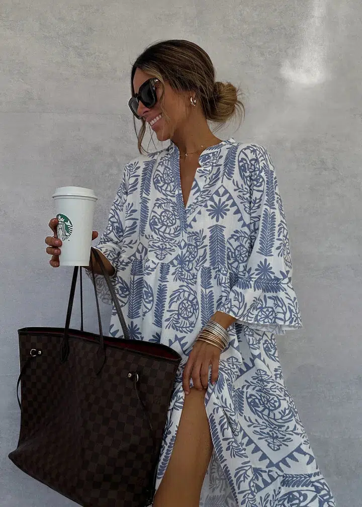 Sablelle Blue V-Neck 3/4 Sleeve Mini Dress
