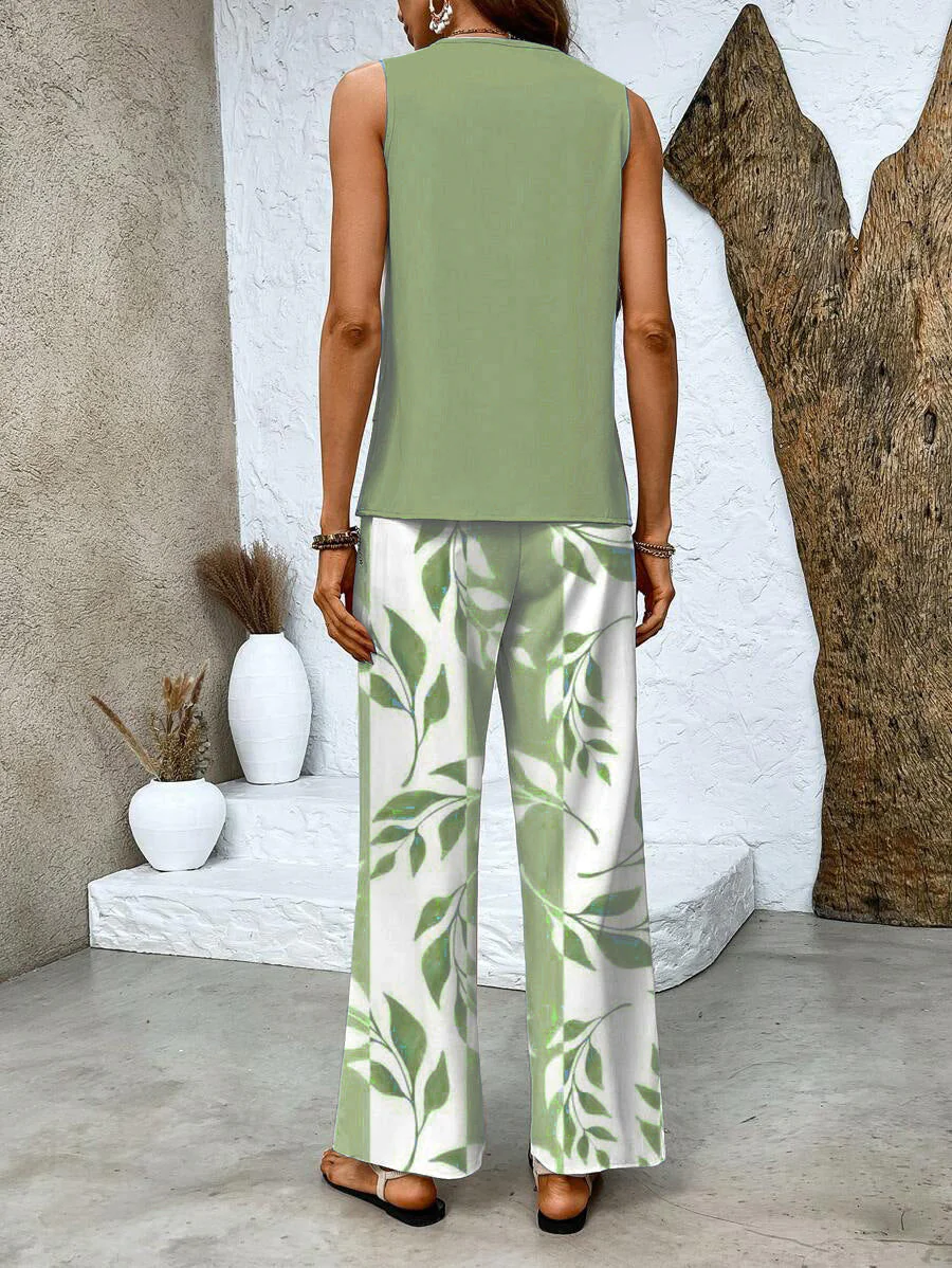 Sablelle Green Plant Print Square Neck Two Piece Set