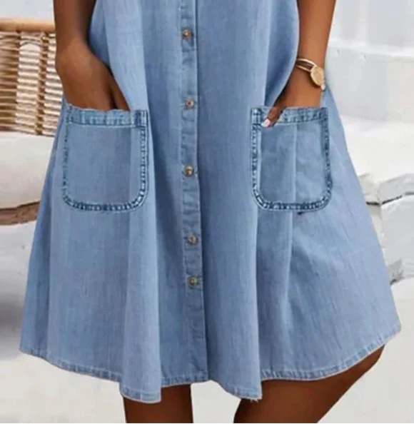 Sablelle Blue Plain Collared Lace Trim Denim Mini Dress