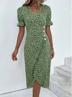 Sablelle Short Sleeve Green Floral Print Button Front Midi Dress