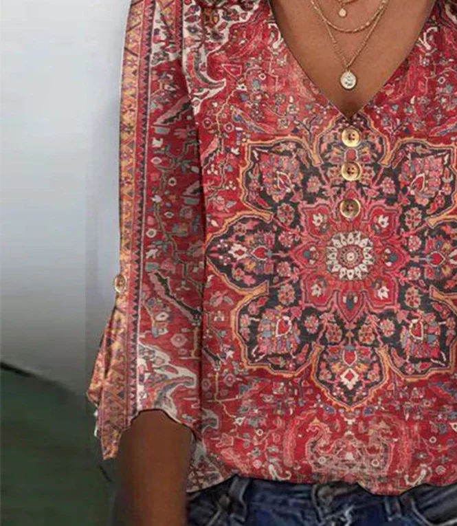 Sablelle Red Print 3/4 Sleeve V-Neck Top