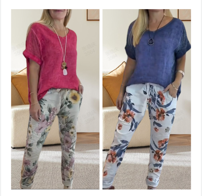 Evelyn™ | Solid Blouse And Casual Floral Print Pants