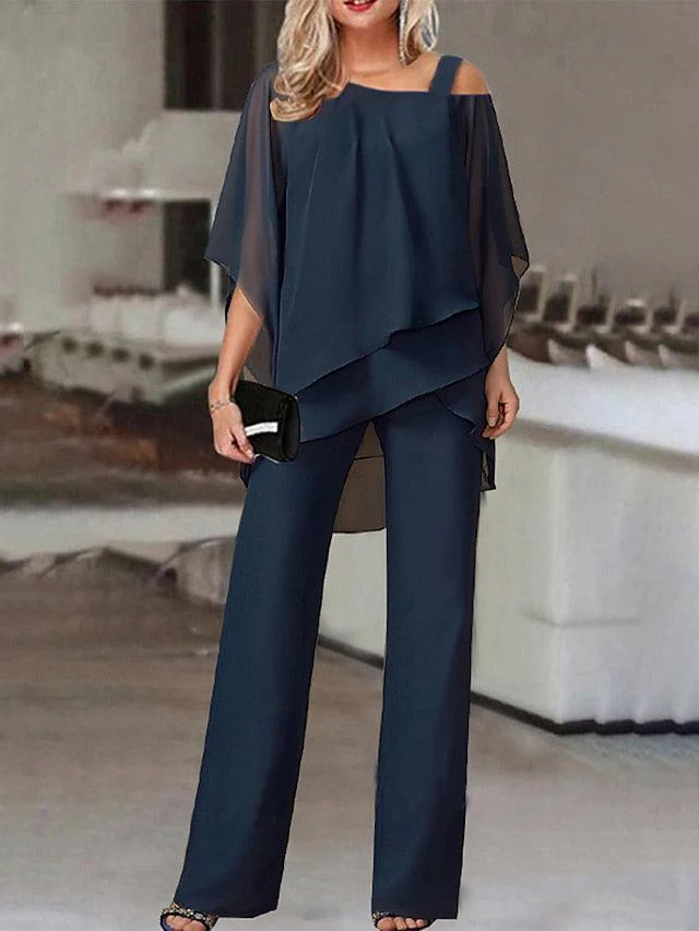 Sablelle Navy Cold Shoulder Ruffled Tiered Top and Pants Two Piece Set