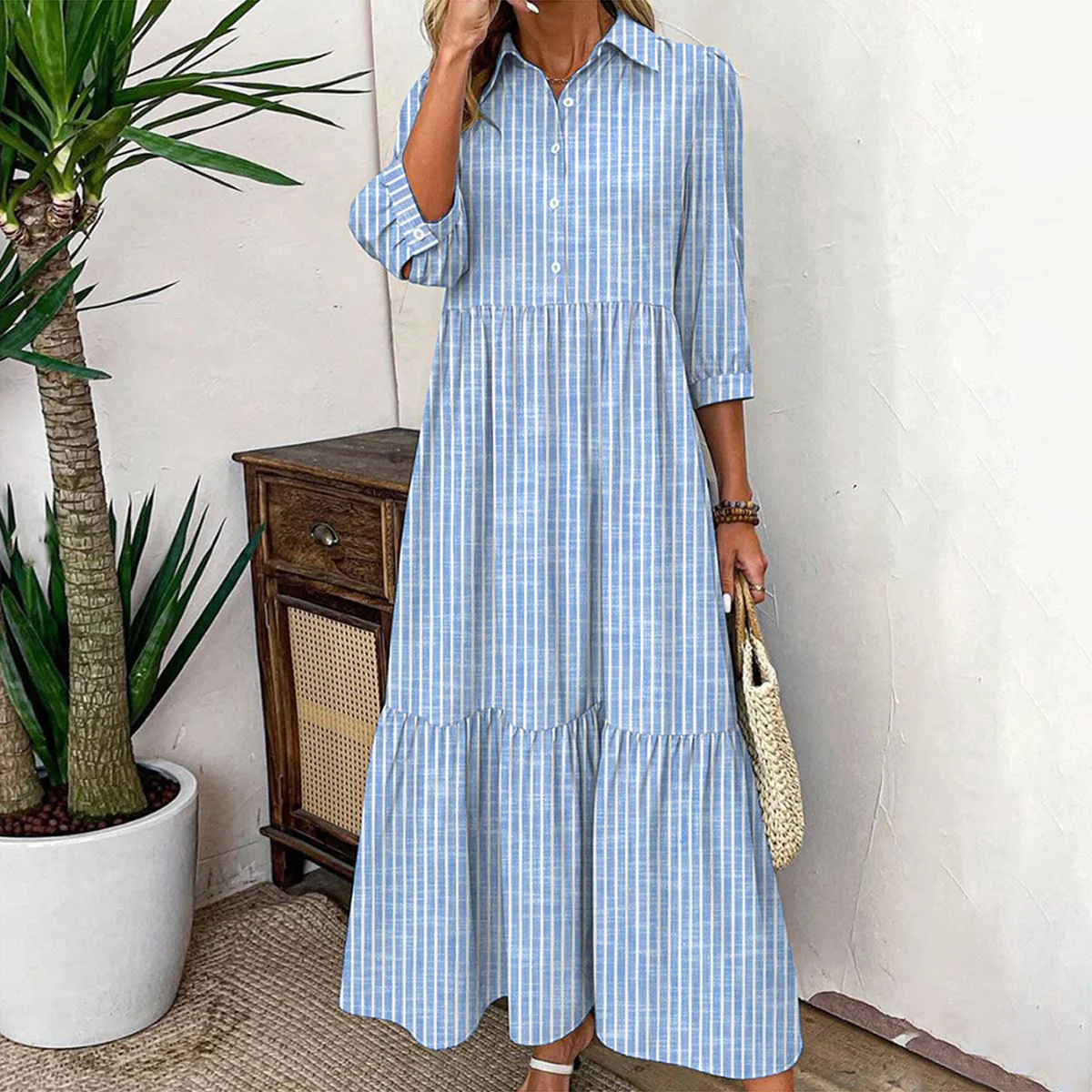 Sablelle Breezy Striped Print 3/4 Sleeve Maxi Dress