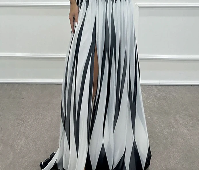 Sablelle Classy One Shoulder Striped Print Maxi Dress