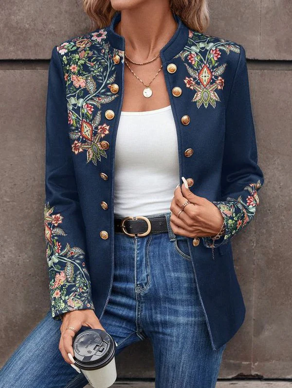 Sablelle Popular Floral Print Collarless Outerwear