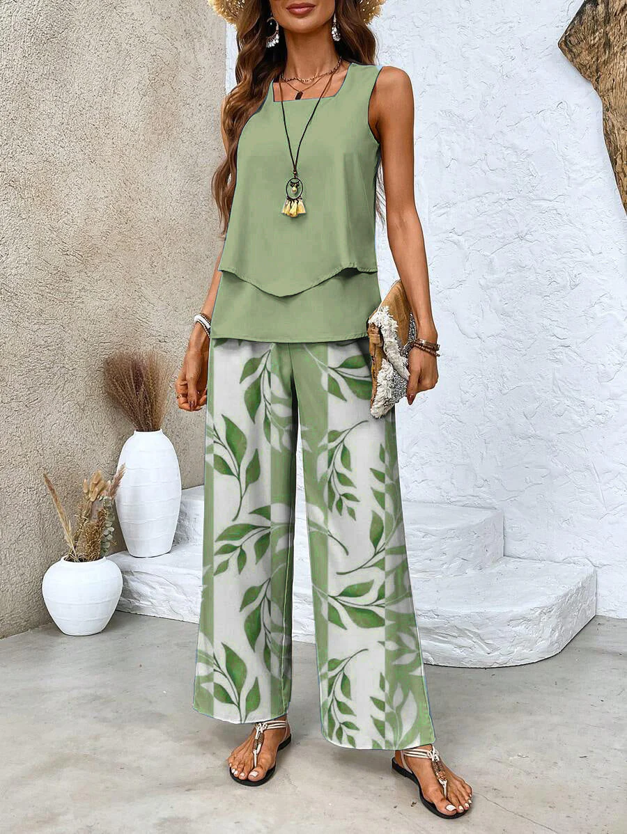 Sablelle Green Plant Print Square Neck Two Piece Set