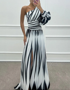 Sablelle Classy One Shoulder Striped Print Maxi Dress