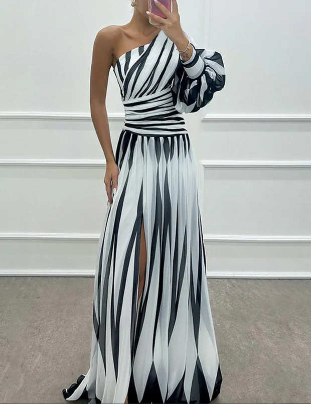 Sablelle Classy One Shoulder Striped Print Maxi Dress
