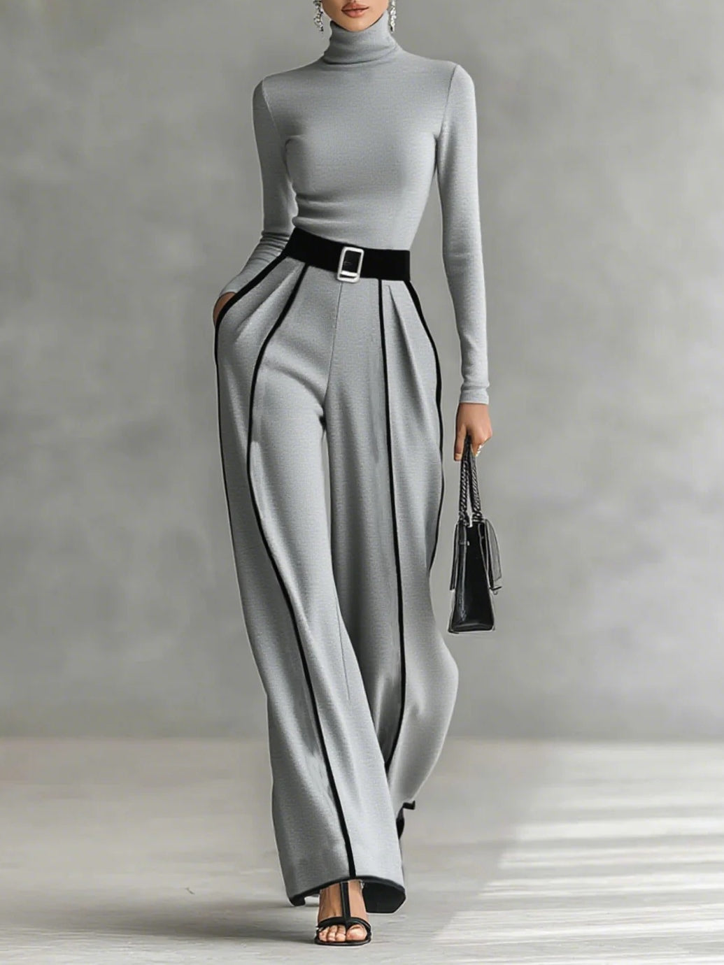 Emily™ | High Neck Long Sleeve Top And Wide Leg Pants Set