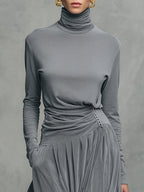 Emily™ | Stand-up Collar Long Sleeve T-shirt And Velvet Skirt Set