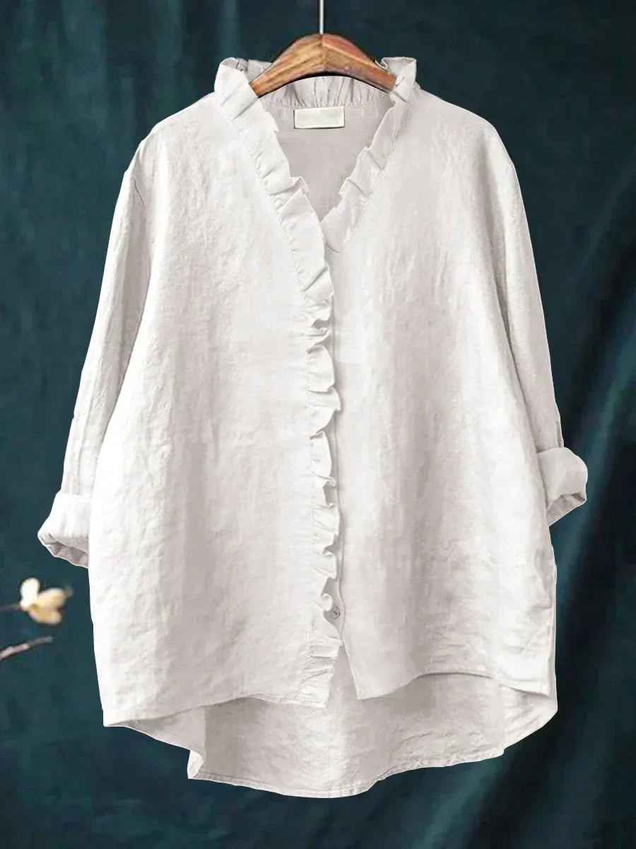 Ava™ | Casual Cotton And Linen Ruffle Shirt