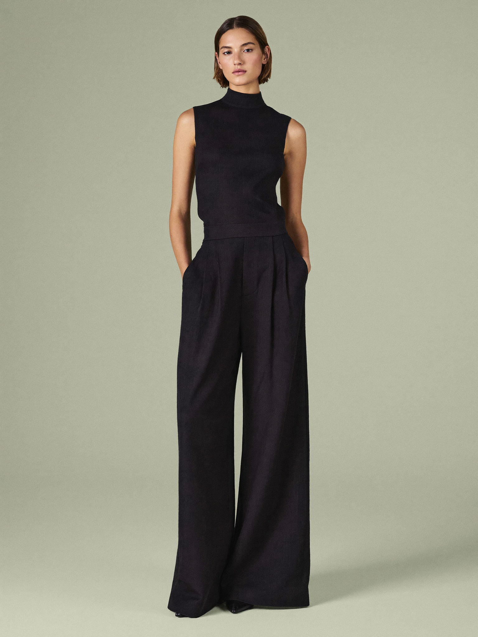 Colette two-piece linen co-ord set in black, front view