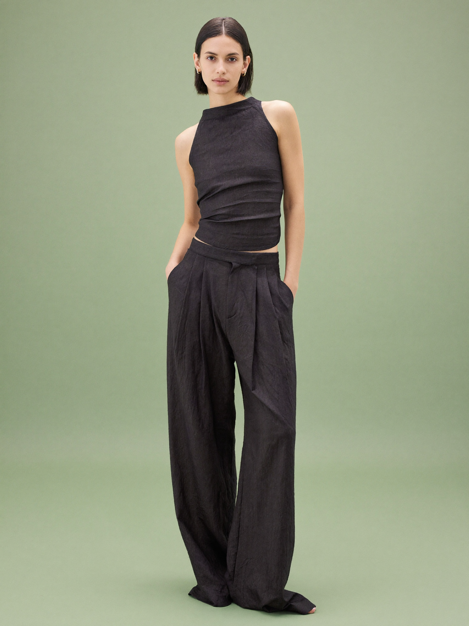 Colette two-piece linen co-ord set in black, alternate pose