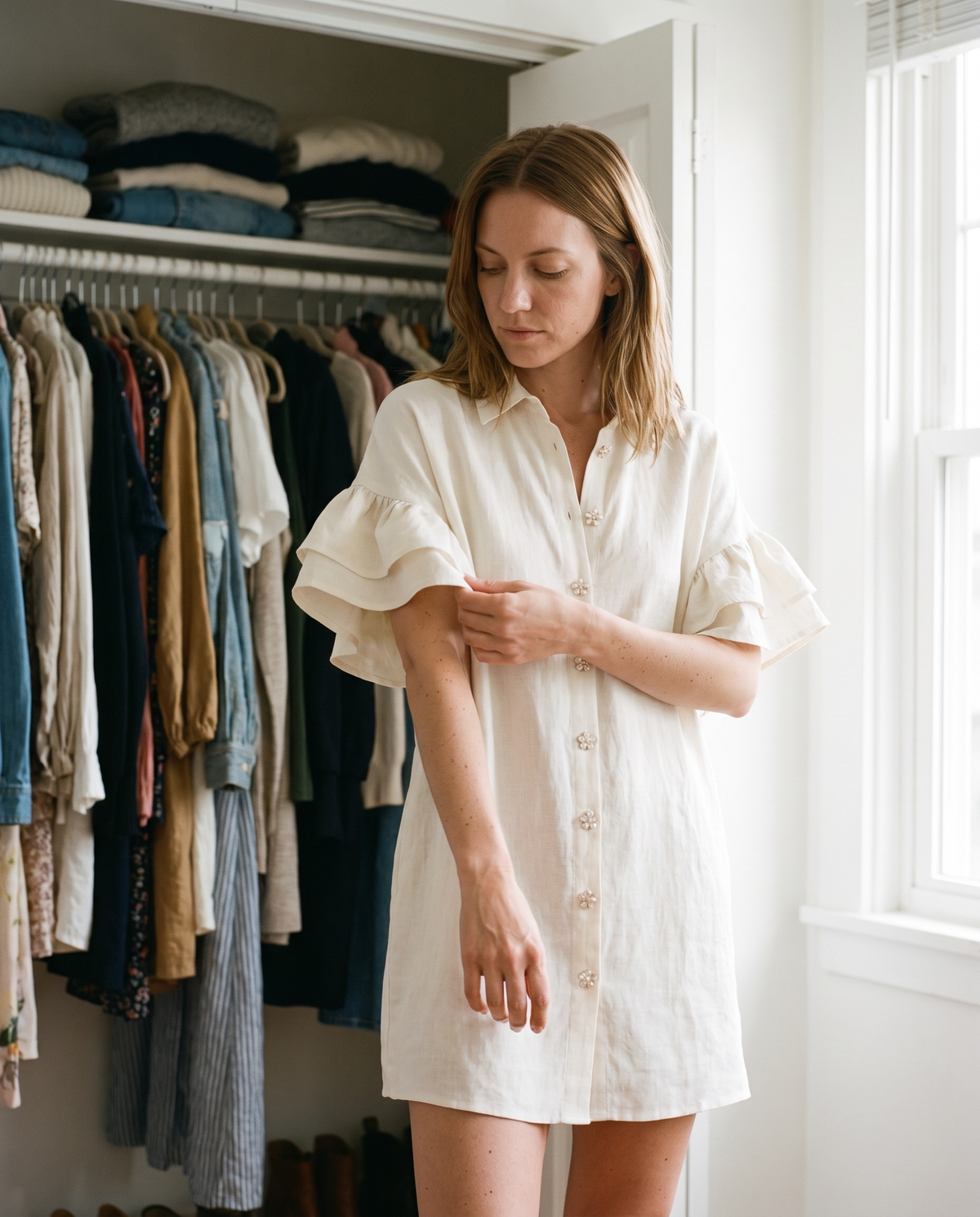 Fleur Button-Down Mini Dress - lifestyle candid