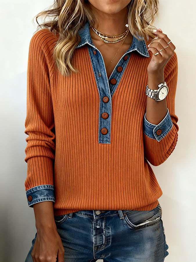 Sablelle Cool Long Sleeve Denim Collar Button Front Top