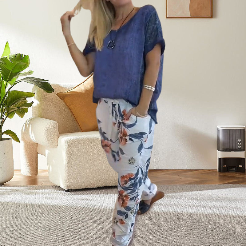 Evelyn™ | Solid Blouse And Casual Floral Print Pants
