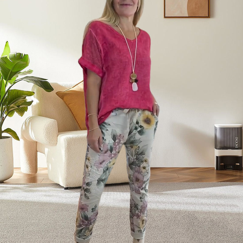 Evelyn™ | Solid Blouse And Casual Floral Print Pants
